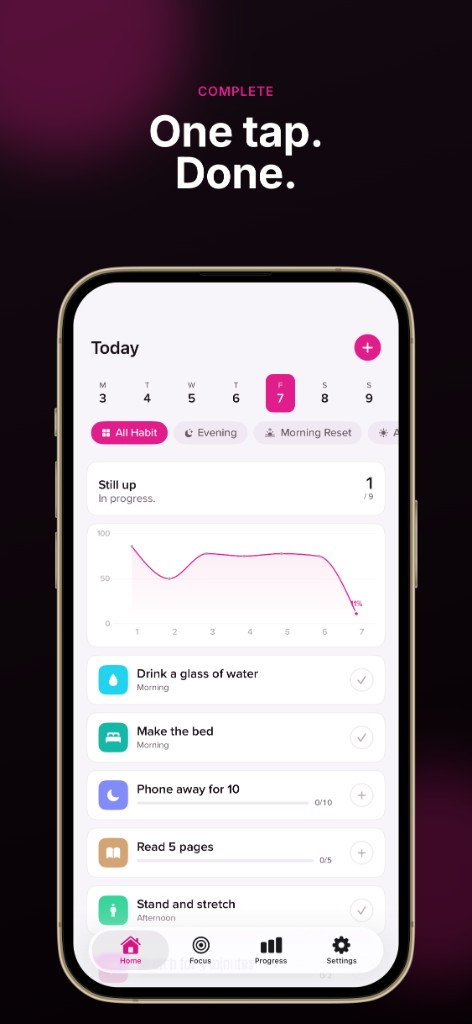 HabitOS habit list with one-tap check-ins