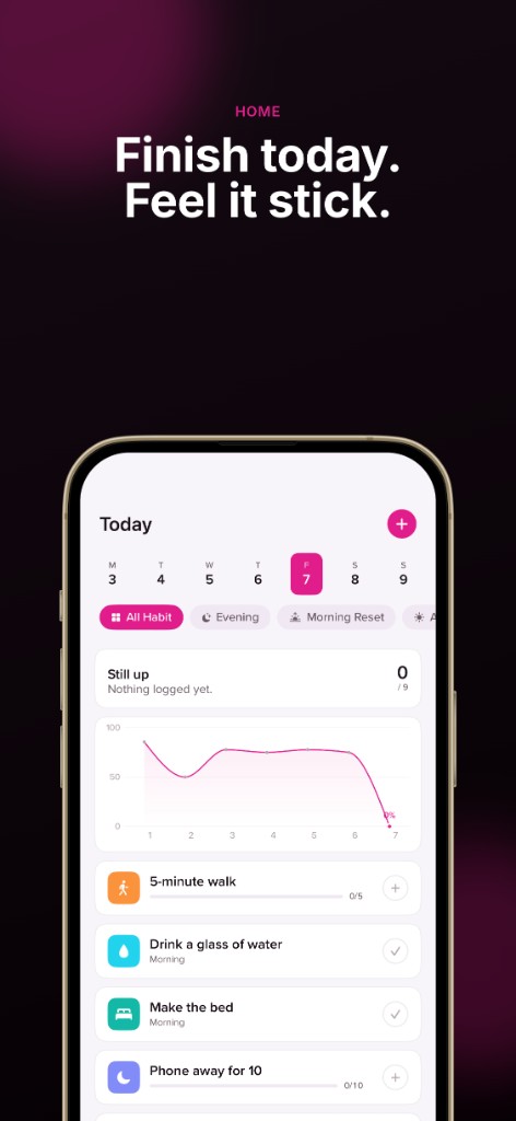 HabitOS Today screen with habits, progress chart, and date picker